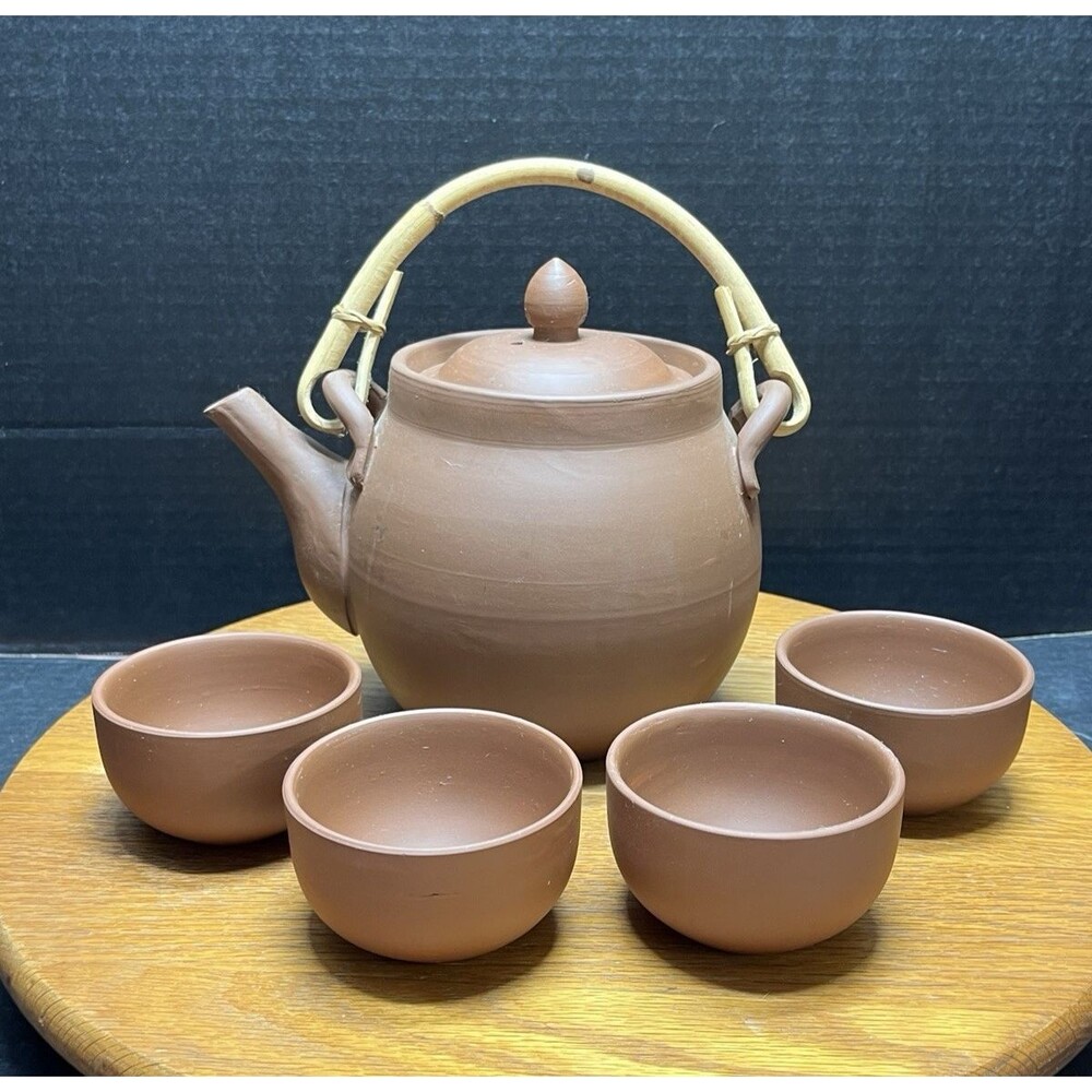 Vintage Chinese Red Clay Terracotta Teapot & Diffuser Bamboo Handle & 4 Cups